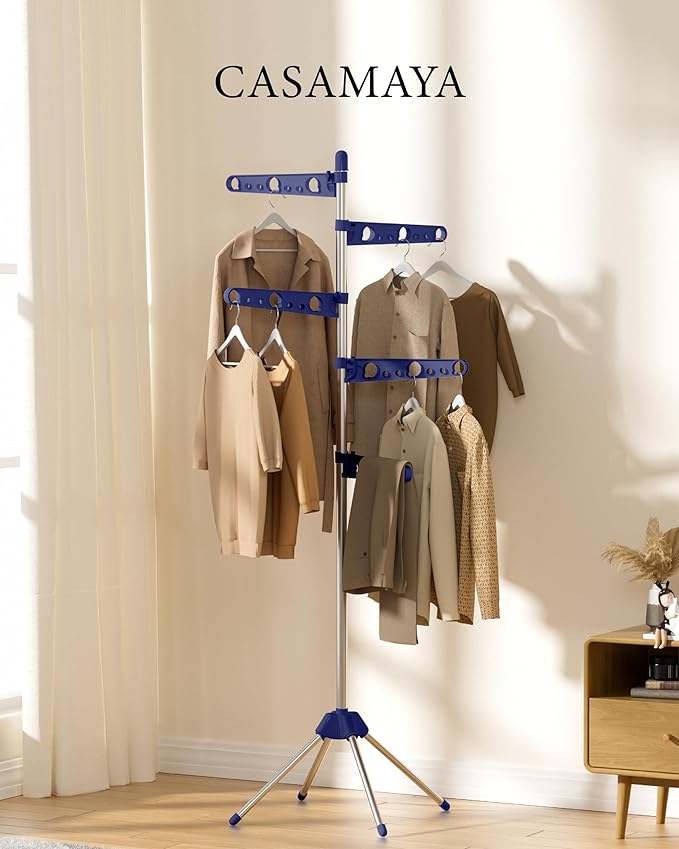 Clothes Drying Rack Foldable, 70.9 inch Tripod Drying Rack for 35 Pieces of Clothes, with Height-Adjustable Rotatable Clothes Rails, Space Saving, Stainless Steel, Blue and Silver CDR005Q01-CubbioJoy