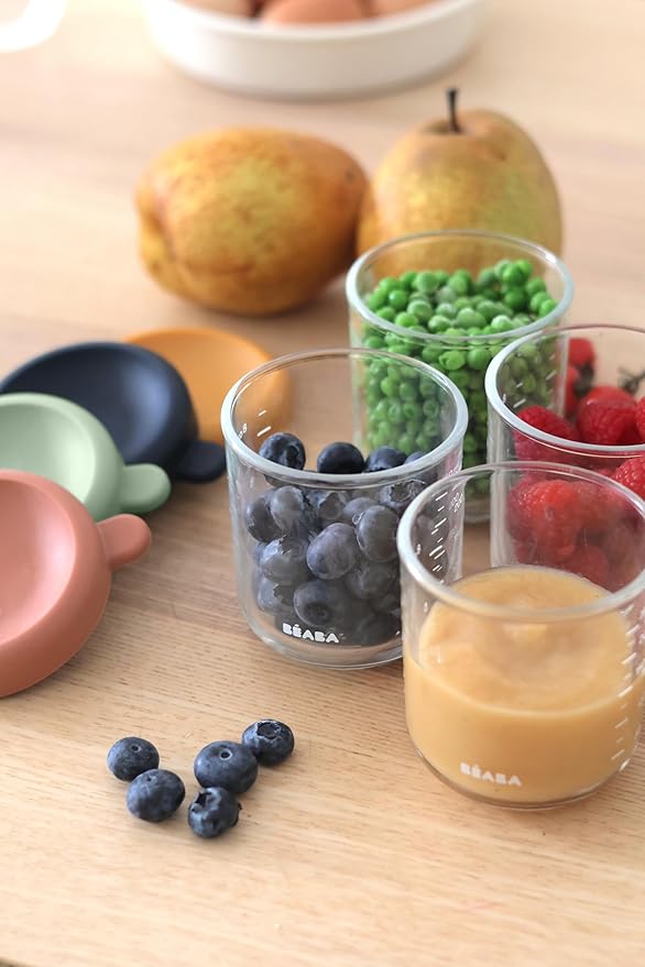 BEABA 4 Pack Glass Baby Food Jars with Soft Silicone Air Tight Lids, 8 oz Glass Storage Containers with Lids, Microwave and Freezer Safe Containers, Sunrise-CubbioJoy