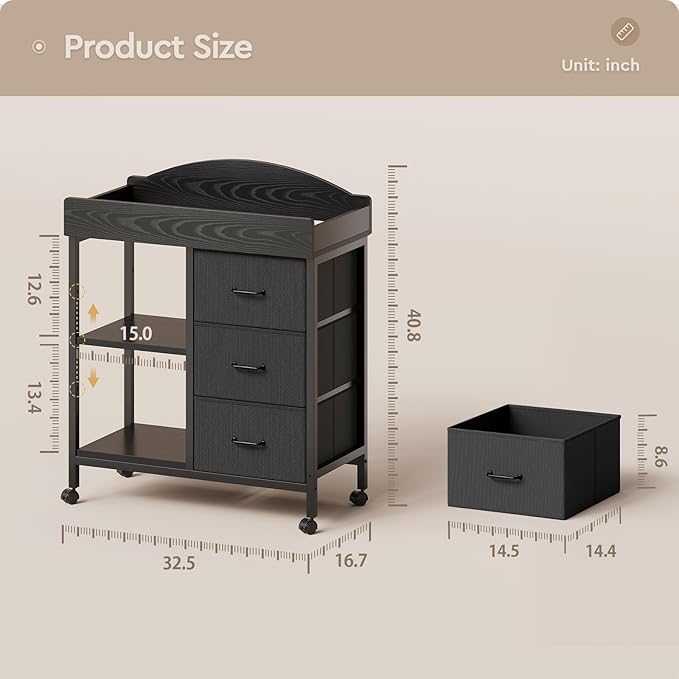 Changing Table Dresser, Baby Dresser with 3 Fabric Drawers and 2 Shelves, Multi-Functional Baby Changing Table with Pad, Classic Nursery Dresser, Diaper Changing Station for Nursery, Black-CubbioJoy