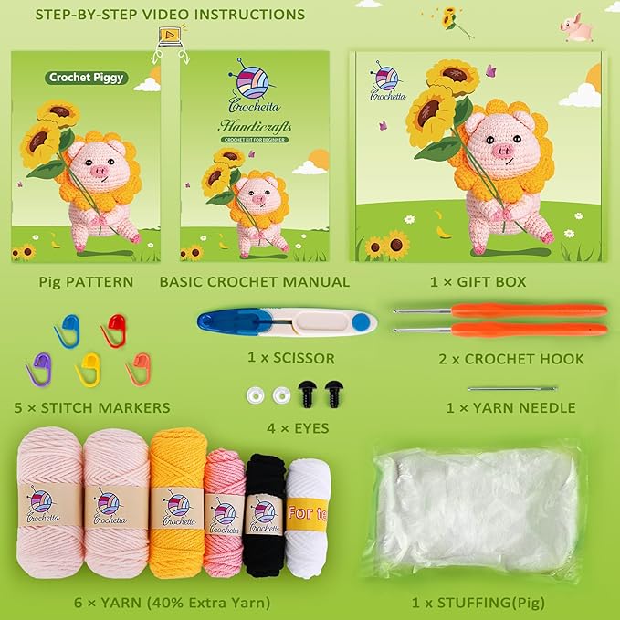 Crochet Kit for Beginners, Crochet Kit w Step-by-Step Video Tutorials, Crochet Starter Kit Learn to Crochet Kits for Adults Kids Beginners, Crochet Kit Pig (40%+ Yarn Content)-CubbioJoy