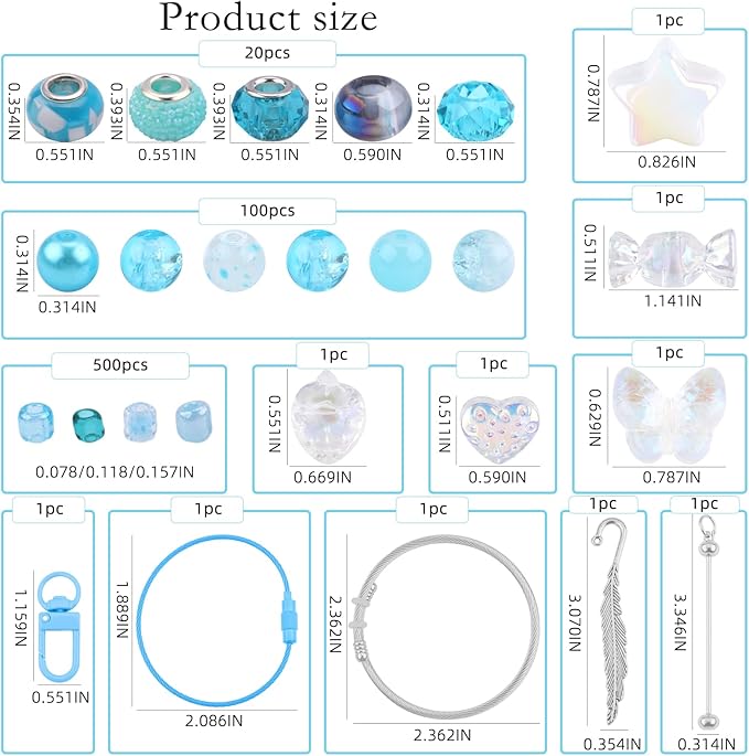 630pcs Beads for Bracelets Making Kit, European Large Hole Beads for Pens, 8mm Round Glass Beads with Charms Spacer Beads for DIY Bracelet Necklace Earring Jewelry Making (Lake Blue)-CubbioJoy