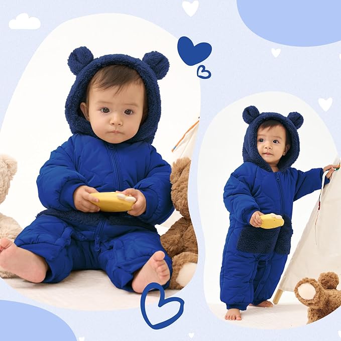JiAmy Baby Snowsuit Newborn Winter Clothes Coat Romper Windproof Fleece Hat Zipper Baby Bear Outfit-CubbioJoy