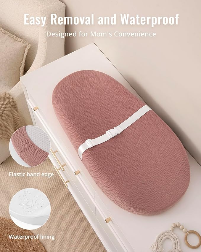 Blissful Diary Muslin Baby Changing Pad with Waterproof Lining Foam, Diaper Changing Table Pad with Cover for Dressers (Dusty Pink, Avocado)-CubbioJoy
