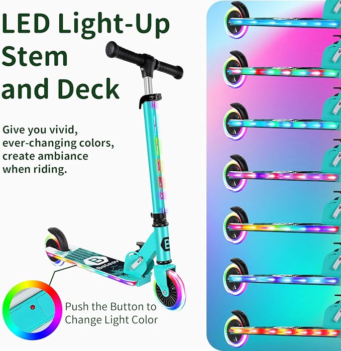 BELEEV V2 Scooters for Kids with Light-Up Wheels & Stem & Deck, 2 Wheel Folding Scooter for Girls Boys, 3 Adjustable Height, Non-Slip Pattern Deck, Lightweight Kick Scooter for Children Ages 3-12-CubbioJoy