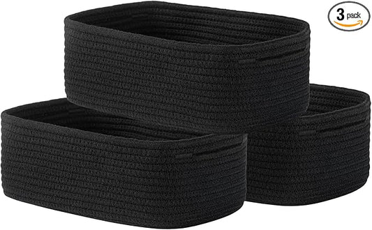 KALLAX Small Woven Basket, 12 x 8 x 4.5 Inches, Storage Basket for Organizing, Cute Small Rope Shelf Closet Cube Storage Bins Baskets for Shelves, Dog Toy Gift Baskets Empty, 3 Packs, Black-CubbioJoy