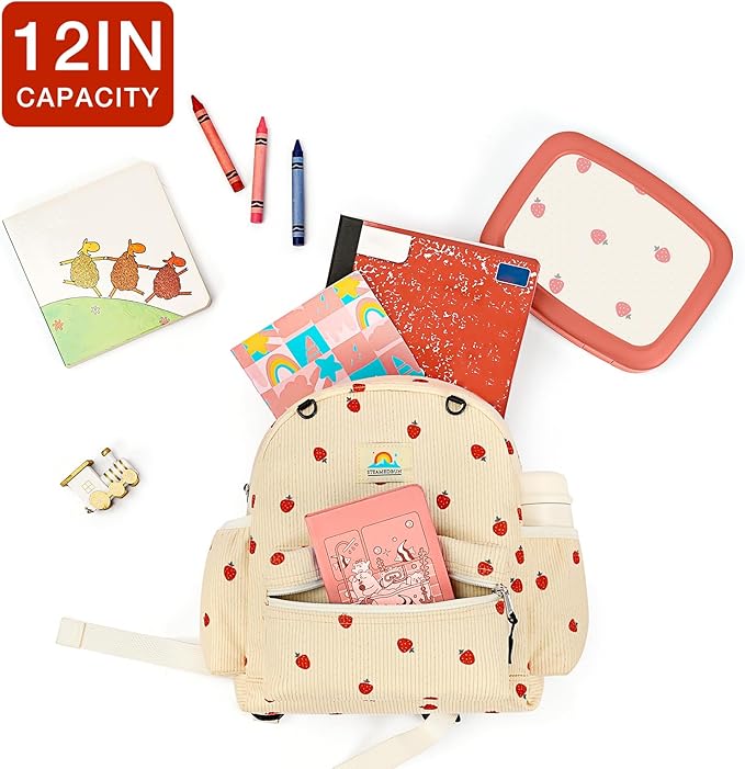 Corduroy Toddler Backpack for Girls 2-4: Kids backpack for Boys Girls - 12 inch Preschool Kindergarten Backpacks - Strawberry-CubbioJoy