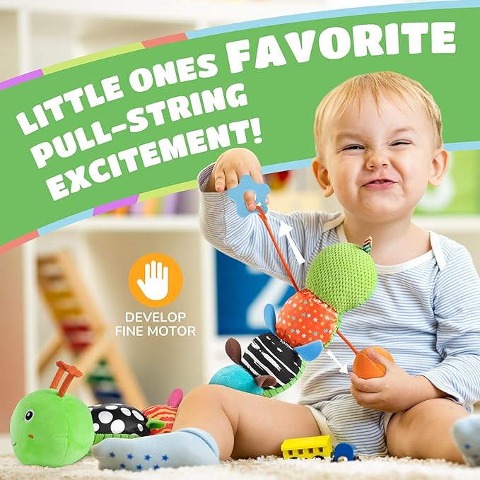 Baby Toys 6-12 Months Music Caterpillar Infant Toys Stuffed Animals 0-3-6 Months Tummy Time Teething Sensory Toys with Mirror Rattle&Pull String for Boys Girls Birthday Gifts|Grass Green,Leafy-CubbioJoy