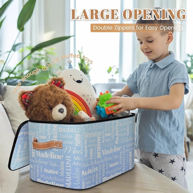 Custom Storage Basket with Name, Personalized Storage Bins with Zipper Lid, Foldable Fabric Storage Box Large capacity with Handle White Blue-CubbioJoy