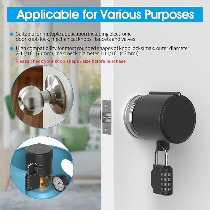 AST Door Knob Lockout Device with Passcode Padlock, Childproof Door Knob Cover, Lock Out to Smart Doorknob. Safety Cover for Faucet, Valve, Spigot. Prevent Access to Keyhole, Matte Black-CubbioJoy
