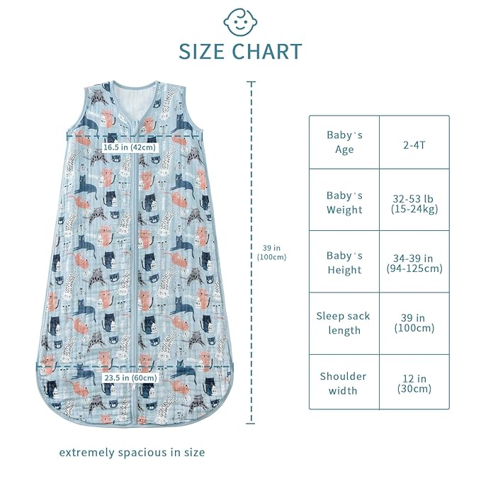 Baby Sleep Sack 2-4 T Baby Wearable Blanket 100% Organic Cotton 0.5 TOG Toddler Sleep Sacks 2- Way Zipper Soft 4 Layers 2T 3T 4T Kitten-CubbioJoy
