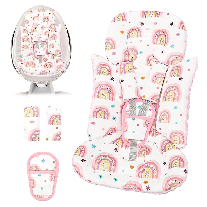 Infant Car Seat Insert with 3 Strap Covers, 3 in 1 Reversible Rainbow Baby Car Seat Head Support for Newborn, Baby Girl Newborn Essentials for Preemie to Infant, Stroller, Swing, Bouncer (Pink)-CubbioJoy