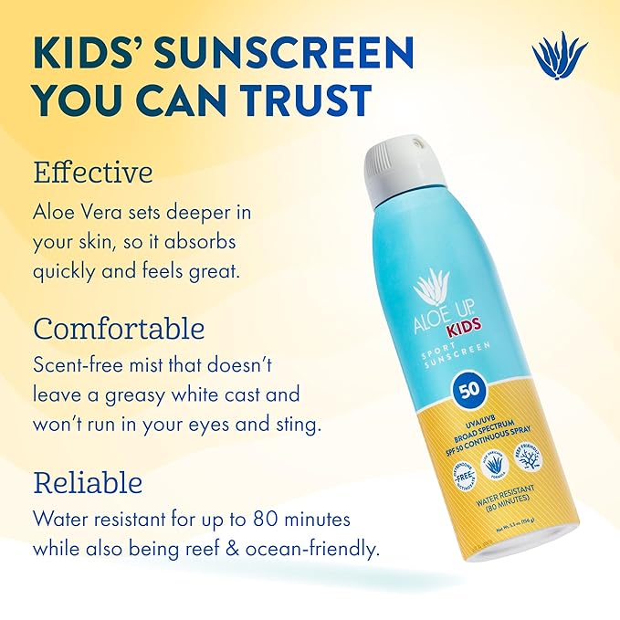 Aloe Up Kids Continuous Sport Sunscreen Spray SPF 50 - Broad Spectrum Sheer Face and Body Sunscreen Protector for Sensitive Skin - With Aloe Vera Gel - Dries Fast - Reef Safe - Fragrance-Free - 5.5 Oz-CubbioJoy
