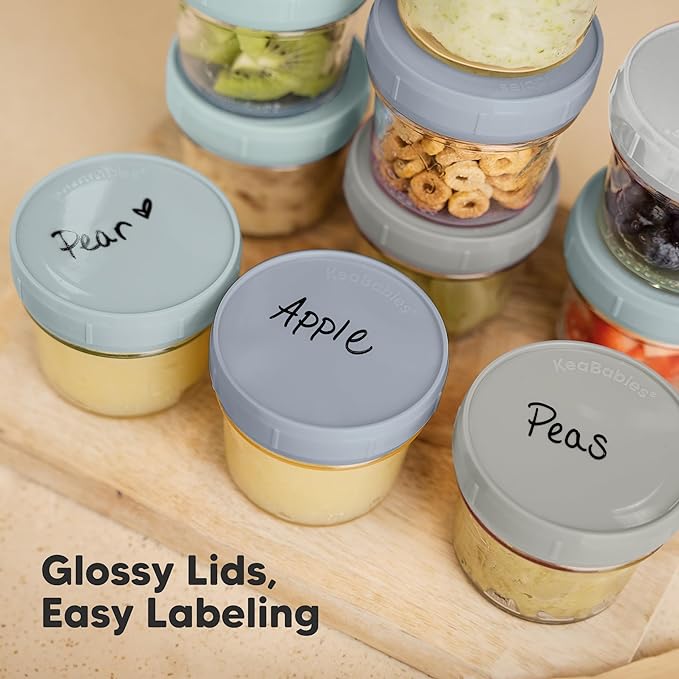 KeaBabies 12pk 4oz Glass Baby Food Containers with Lids - Leak-Proof, Microwavable Small Glass Jars, Baby Purees & Toddler Snack Storage Containers, BPA-Free, Dishwasher & Freezer Safe (Slate)-CubbioJoy