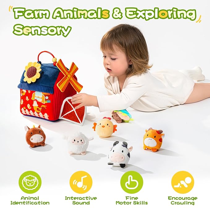 Baby Toys 6-12 Months, Montessori Sensory Toys, My First Farm House Toy with 6 Stuffed Animals,Rotating Windmill & Sunflower Crinkle, Rattle, Fun Mirror Fine Motor Skills Development,Baby Gift-CubbioJoy