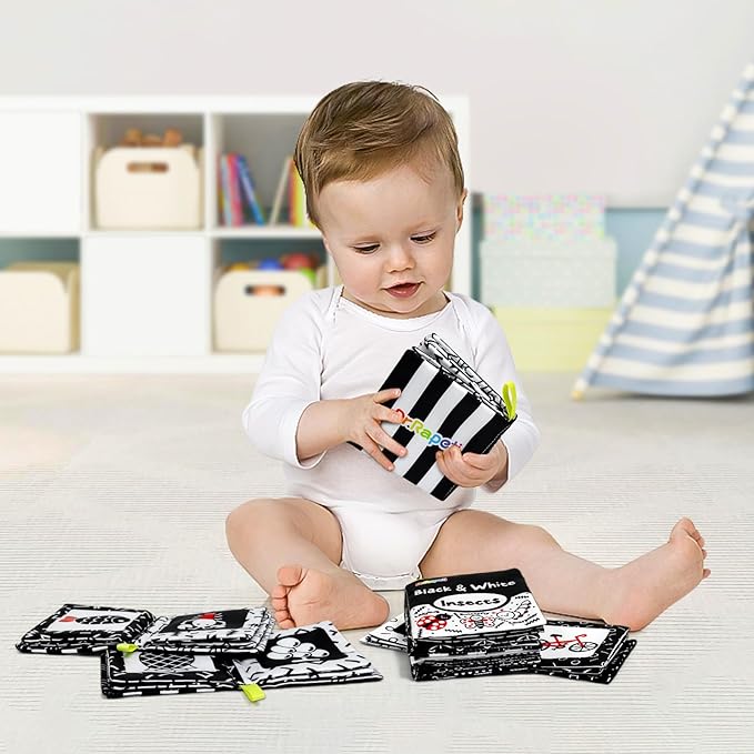 Dr.Rapeti Soft Cloth Books Baby Books Bath Books 6-Pack for Baby Infant Toddler Kids High Contrast Black and White Crinkle Washable Chewable Non-Toxic Early Educational Giftable-CubbioJoy