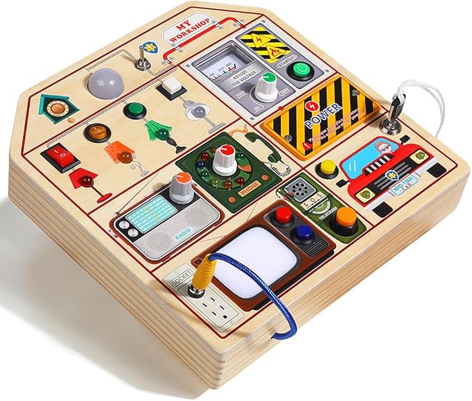 JAUNTY Montessori Wooden Busy Board for Toddlers 3 4 5 Years Old, Wooden Sensory Toddler Toys with LED Light Switches, TV Radio Telegram and Car Driving, Travel Toys Birthday for Boys Girls-CubbioJoy