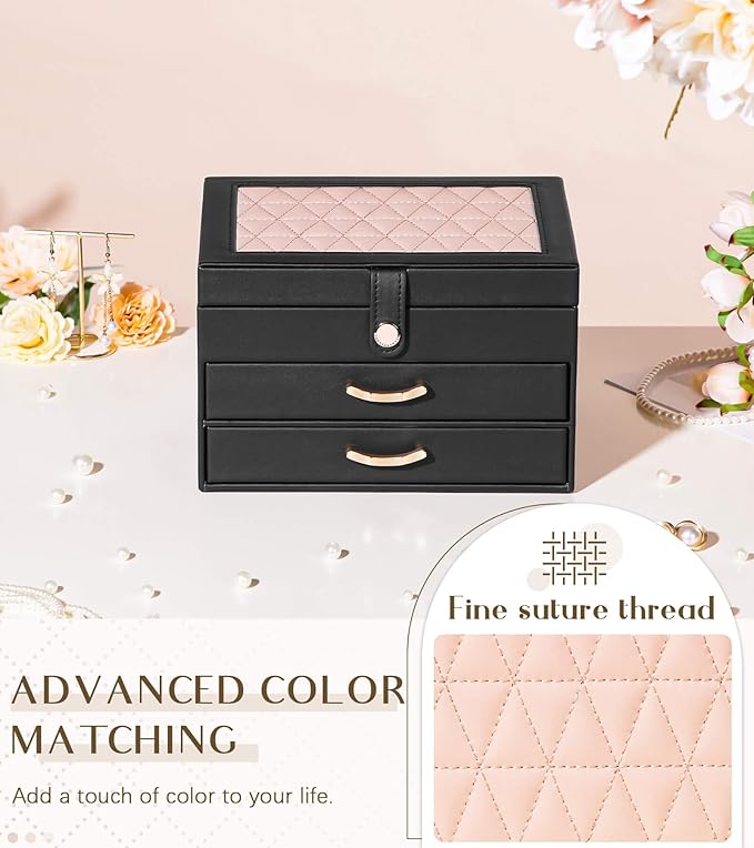 Black Jewelry Box Organizer: Home Decor for Women - 2-Drawer Holder for Valentine’s Day Birthday Christmas Black Pink-CubbioJoy