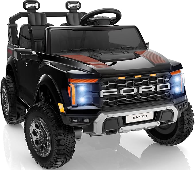 24V Ride on Toys for Big Kids, Licensed Ford F-150 Raptor 2 Seater Kids Ride on Car w/Remote Control, Toddler Electric Car w/LED Lights, Bluetooth, Truck Bed Storage, Soft Start (Black)-CubbioJoy