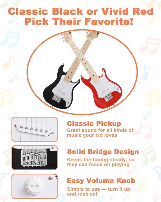 30 Inch Kids Electric Guitar Kit Beginner Complete Bundle with Smooth Fingerboard, Lightweight Design for Child, 5W Practice Amp, Gig Bag, Tuner, Strap, Cable, Picks, Extra Strings, RST-70 Black-CubbioJoy