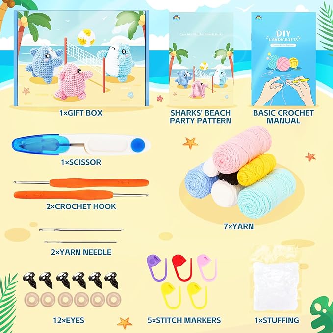 Crochet Kit for Beginners -3 PCS Sharks with a Ball Crochet Kit with Step-by-Step Video Tutorials, Beginner Crochet Kits for Adults Kids, Crochet Animal Kit, Shark Beach Party Crocheting Set-CubbioJoy