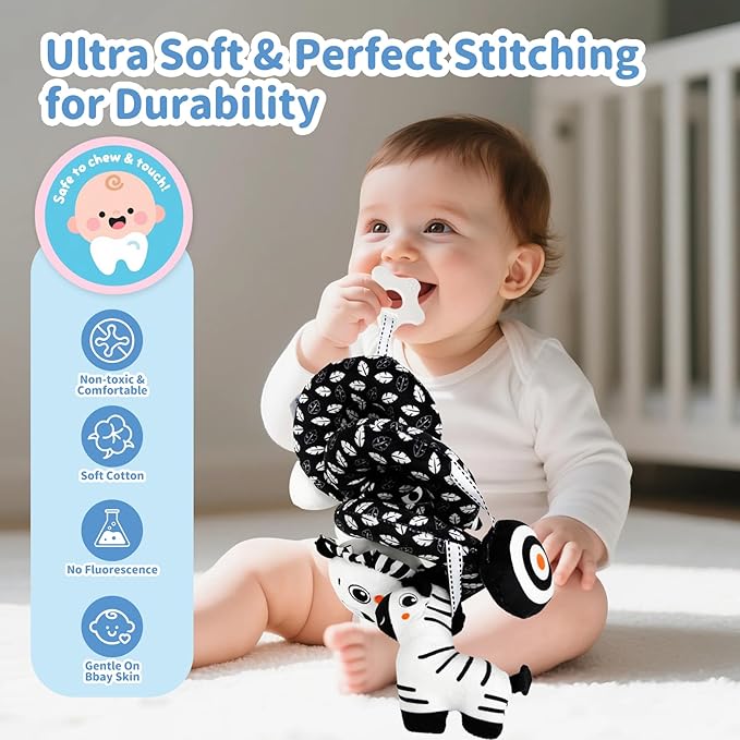 Car Seat Toys for Babies 0-6 Months,Hanging Rattle Toys for Crib Mobile, Baby Spiral Hanging Stroller Black and White High Contrast Toys for Newborn 0 3 6 9 12 Months Baby Boys Girls (Lion)-CubbioJoy