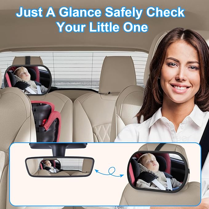 Baby Car Mirror, Safety Car Seat Mirror for Rear Facing Infant, Clear Wide View, 360°Rotation, Easily Observe the Baby Move, Secure, Shatterproof, Crash Tested and Certified (Black)-CubbioJoy