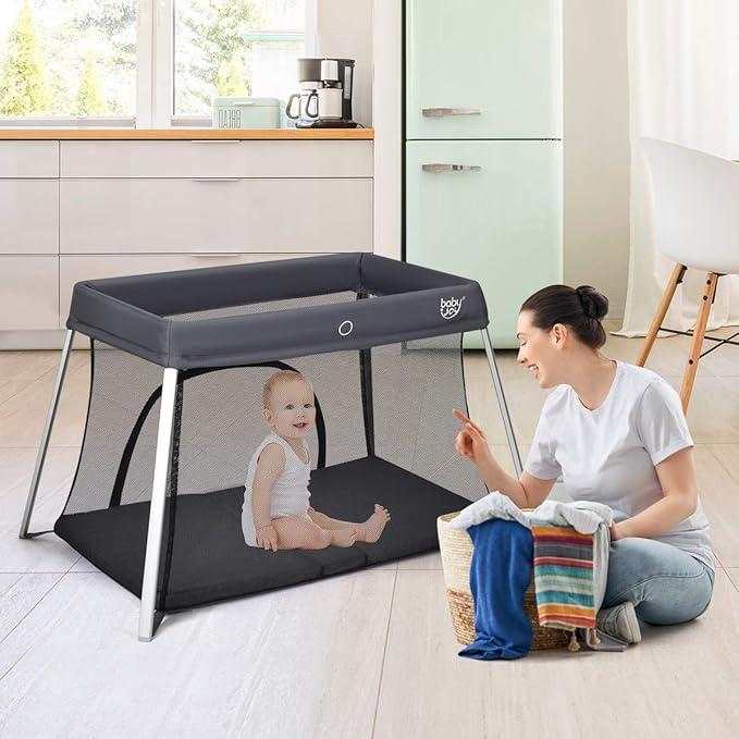BABY JOY Baby Foldable Travel Crib, 2 in 1 Portable Playpen with Soft Washable Mattress, Side Zipper Design, Lightweight Installation-Free Home Playard with Carry Bag, for Infants & Toddlers (Grey)-CubbioJoy