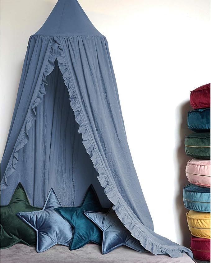 Bed Canopy with Frills Reading Nook Game Tent for Kids Boho Hanging Net Play Room Decor(Blue)-CubbioJoy