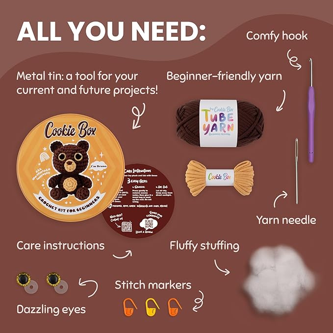 Cookie Box Crochet Kit for Beginners - Learn to Craft Amigurumi Stuffed Animals - Knitting Gift for Kids and Adults - Beginner-Friendly Yarn - Stitch-by-Stitch Video Tutorial - Bear Bruno-CubbioJoy