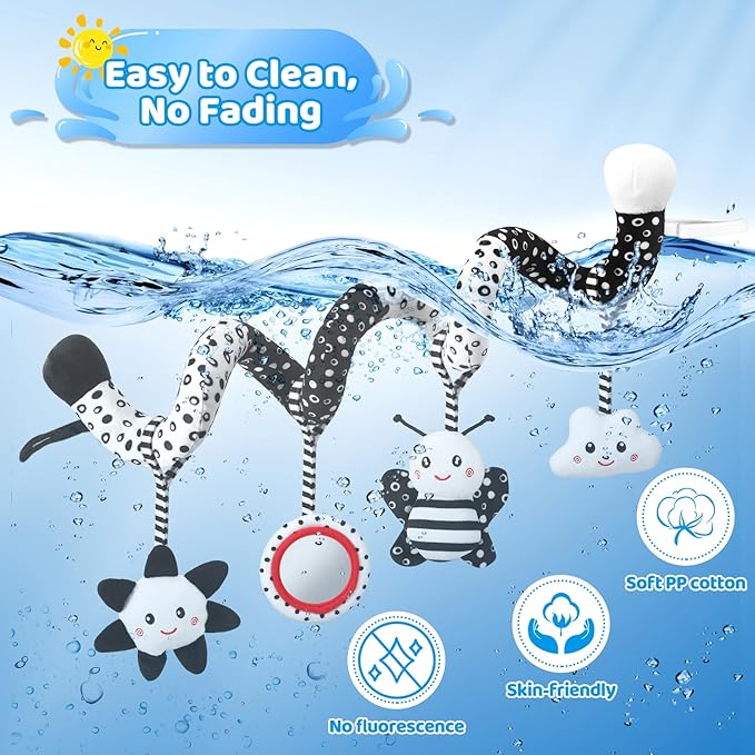 Car Seat Toys Hanging and Stroller Toys for Babies 0-6 Months，High Contrast Baby Toys for Newborn 0 3 Months Brain Development,Black and White Baby Toys for Crib Mobile，Infant Ideal Gift-CubbioJoy