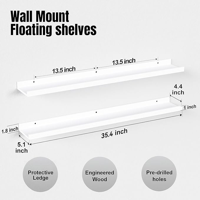 36 Inches Long Floating Shelves Wall Mounted, 2 Set Modern White Wall Shelf for Bedroom, Nursery Book Shelf with Lip, Picture Ledge Shelf for Wall Decor Living Room Bathroom Kitchen - White-CubbioJoy