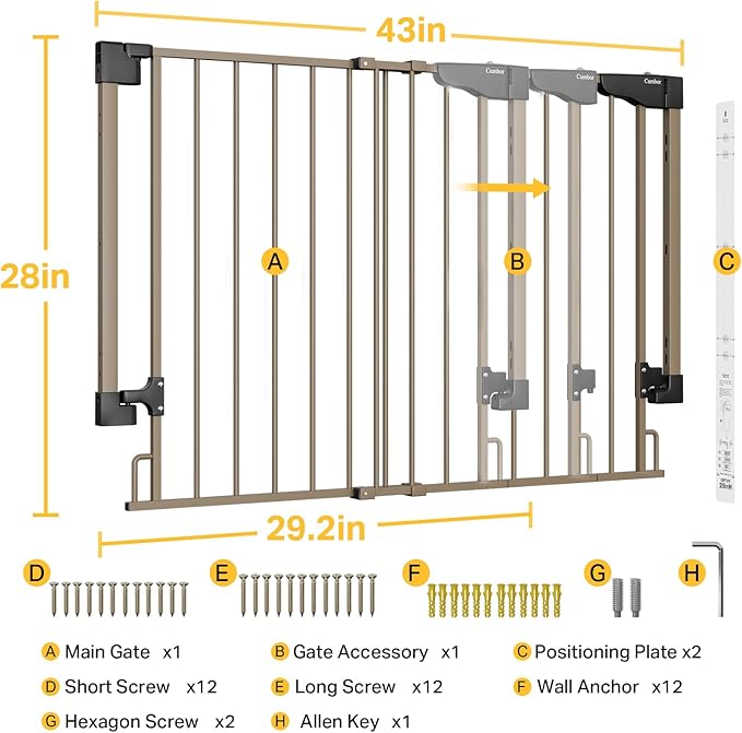 Cumbor 29.2-43" No Bottom Bar Baby Gate for Stairs, 2-in-1 Hardware Mounted Dog Gate Indoor, Pet Gate for Doorways with Large Walk Thru Door, Child-Proof Safety Gate for Top & Bottom of Stairs (Brown)-CubbioJoy