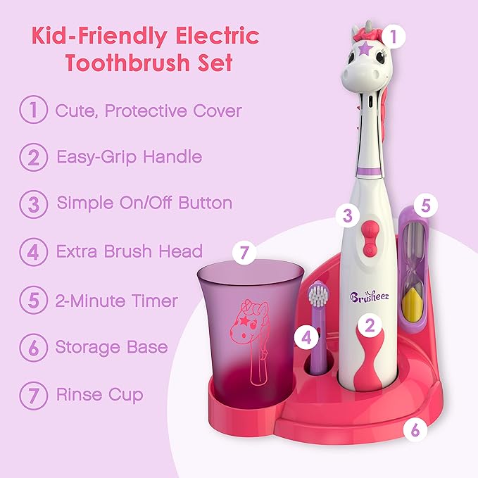 Brusheez Kids’ Electric Toothbrush Set - Safe & Effective for Ages 3+ - Parent Tested & Approved with Gentle Bristles, 2 Brush Heads, Rinse Cup, 2-Minute Timer, & Storage Base (Sparkle The Unicorn)-CubbioJoy