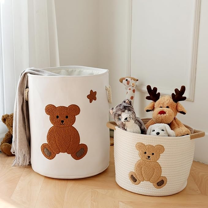 INough Cotton Rope Basket Toy Storage Baskets for kids Laundry Hamper, Gift Basket Empty Baby Shower Baskets with Handles, Cute Bins Blanket Stuffed Animal Storage for Nursery, Living Room Decor, Bear-CubbioJoy