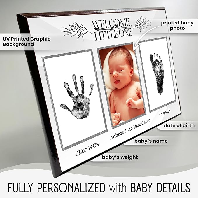 Baby Hand and Footprint Kit with Photo & Birth Details, Inkless Hand and Footprint Kit, Newborn Keepsake Plaque, Baby Shower Gifts (STYLE 1 (Fully Personalized) (Welcome Little One))-CubbioJoy
