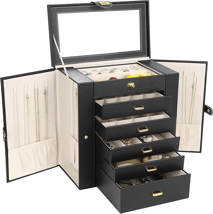Kendal Extra Large Jewelry Box Jewelry Case PU Leather 6 Tier 5 Drawers Large Storage Capacity with Mirror Jewelry Storage Organizer Great Gift Also Good For Watches LJC-SHD5BK (black)-CubbioJoy
