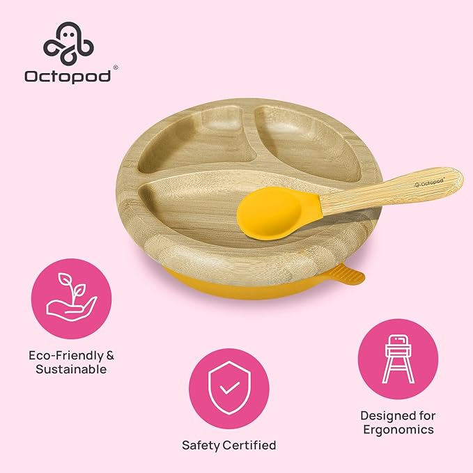 Abiie Octopod Bamboo Dish - Kids Plates for 4 months and up, 3-Compartment Baby Plates with Suction, Round Bamboo Baby Plate, Mess-Free Toddler Suction Plates, Baby Feeding Supplies, 7.5 x 7.5 x 1.9in-CubbioJoy