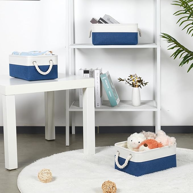 Bidtakay Small Storage Baskets for Shelves 3 Pack Fabric Storage Bins for Organizing Linen Collapsible Organizer for Closet-White&Blue-CubbioJoy