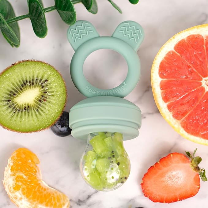 Bessentials Baby Fresh Fruit Food Feeder - 2 Pack Silicone Mesh Feeders for Infant Safe Self Feeding |3 Sizes Food Pouches Included| Suitable for Baby 4m+ (Light Pink & Grass Green)-CubbioJoy