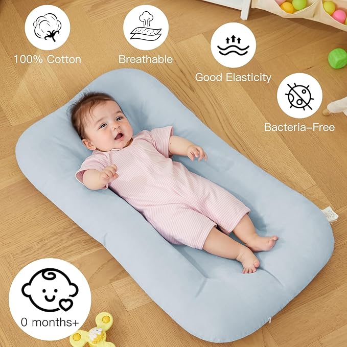 Baby Lounger for Newborn, Bionic Design Baby Lounger, Soft Organic Cotton Breathable Lounger for Infants 0-18 Months (Grayinsh Blue)-CubbioJoy