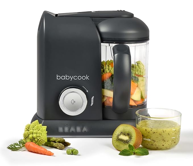 BEABA Babycook Solo 4 in 1 Baby Food Maker, Puree Steamer and Blender for Purees, Grinder with Auto Steam Cooking, Lrg Capacity 4.5 Cups 27 Servings in 20 Mins, Charcoal-CubbioJoy