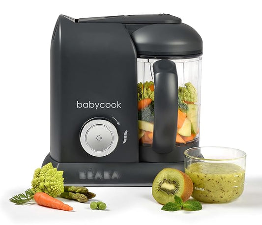 BEABA Babycook Solo 4 in 1 Baby Food Maker, Puree Steamer and Blender for Purees, Grinder with Auto Steam Cooking, Lrg Capacity 4.5 Cups 27 Servings in 20 Mins, Charcoal-CubbioJoy