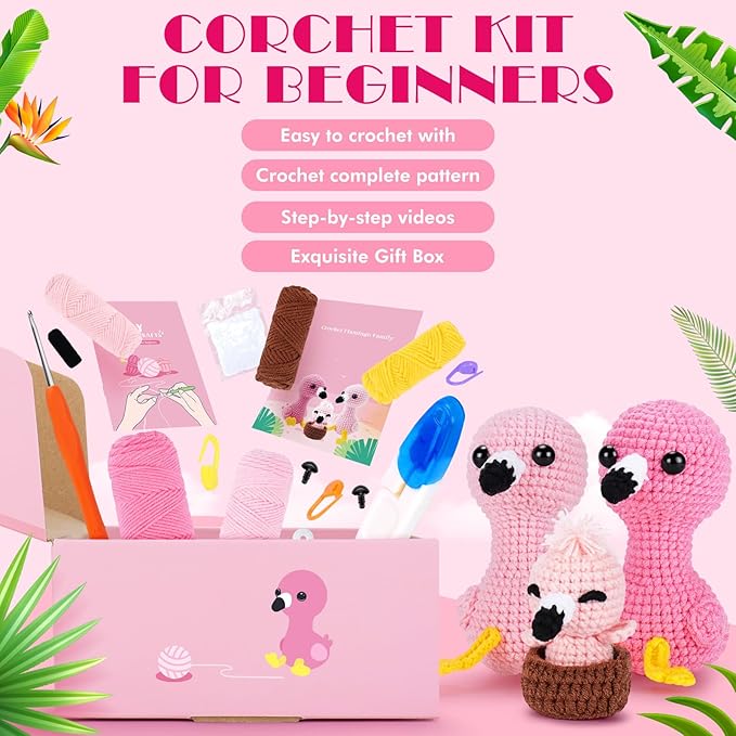 Crochet Kit for Beginners -Flamingo Family Crochet Kits with Step-by-Step Video Tutorials, Beginner Crochet Kit for Adults, Crochet Animal Kit for Kids, 3PCS Flamingo Crocheting Set(Pink)-CubbioJoy