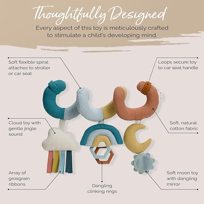 Itzy Ritzy Spiral Car Seat & Stroller Activity Toy - Stroller & Car Seat Toys for Ages 0 Months and Up - Hanging Toys Include Clinking Rings, Mirror and Textured Ribbons (Rainbow)-CubbioJoy
