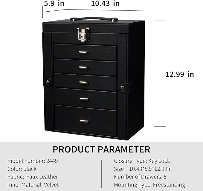 6 Tier Jewelry Box, Jewelry Case with 5 Drawers, Large Storage Capacity, with Mirror, Lockable, Jewelry Storage Organizer, Gift for Loved Ones-CubbioJoy