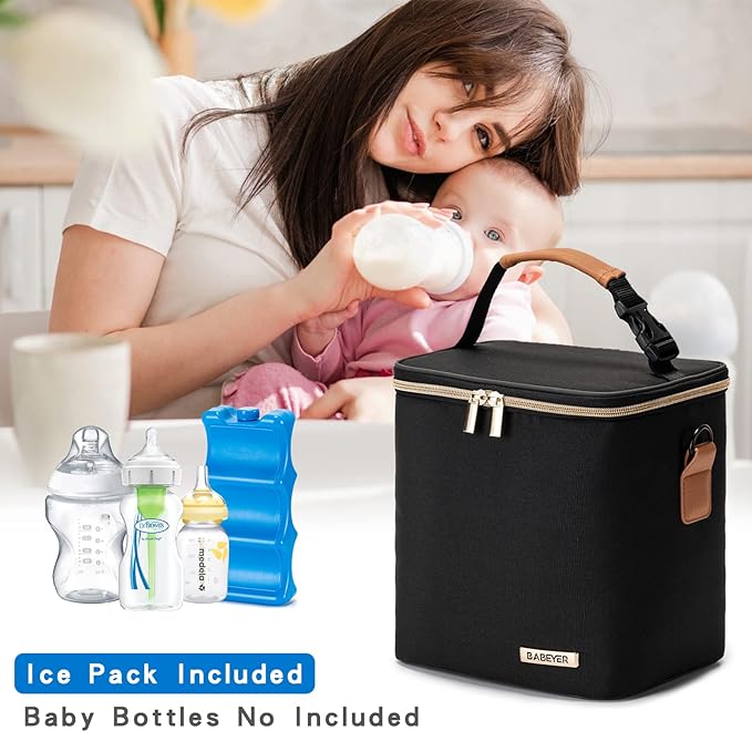 Breastmilk Cooler Bag with Ice Pack Fits 6 Baby Bottles Up to 9 Ounce, Baby Bottle Bag with Shoulder Strap for Nursing Mom Daycare, Black-CubbioJoy