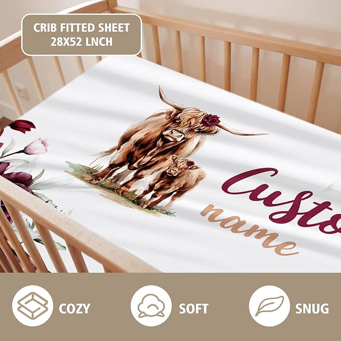 Custom Name Crib Bedding Set - Highland Cow Theme, Personalized Rose Floral Nursery Bedding 3-Piece Set– Soft Blanket, Fitted Sheet, Changing Pad Cover – for Newborns Girls Nursery Gifts-CubbioJoy