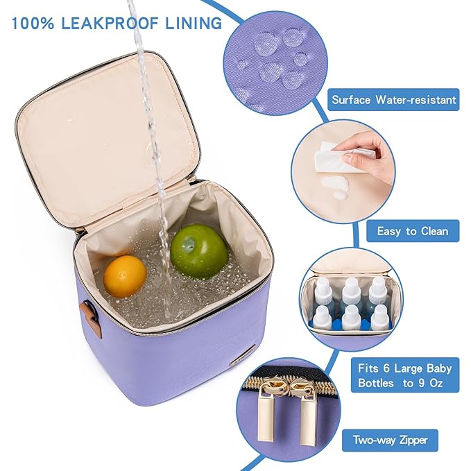 Breastmilk Cooler Bag with Ice Pack Fits 6 Baby Bottles Up to 9 Ounce, Baby Bottle Bag with Shoulder Strap for Nursing Mom Daycare, Violet-CubbioJoy