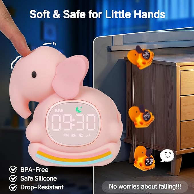 Alarm Clock for Kids with Night Light, Sleep Training Clock Time to Wake Clock, Rechargeable Silicone Light for Bedroom, Perfect Sleep Companion for Boys Girls, Pink Elephant-CubbioJoy