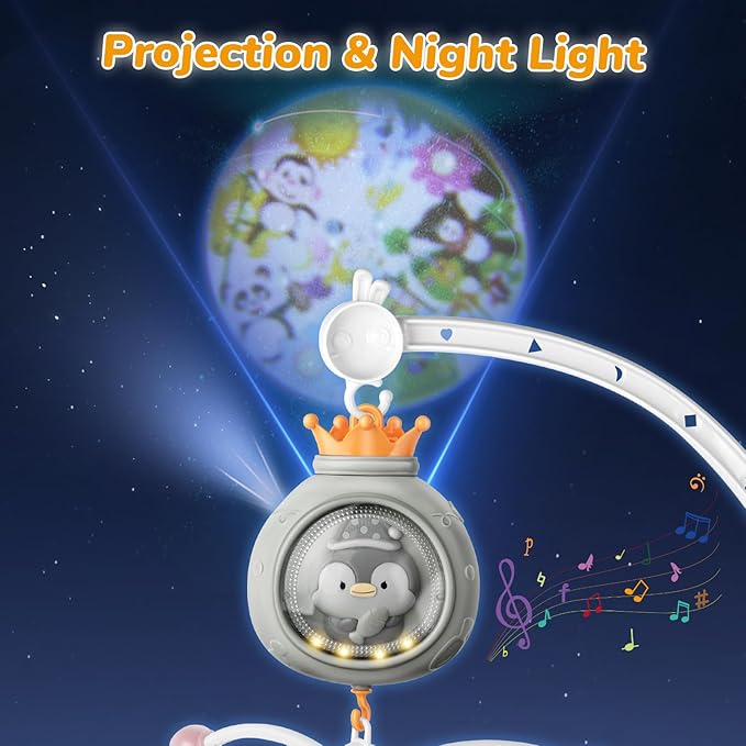 Crib Mobile with Music and Lights, Mobiles for Cribs, Baby Nursery Space Portable Infant Arm Hanger for Girls Boys Babies Bassinets Pack and Play Clip On Attachment, Toys Musical Hanging-CubbioJoy